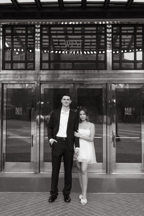 Downtown Vintage Inspired Engagement Session | Fort Worth Photography | Brandon + Molli | Marissa Merrill Photography Downtown Photoshoot Couple, Fort Worth Photography, Downtown Pictures, Downtown Fort Worth, Engagement Shoot Outfit, Downtown Cleveland, City Engagement Photos, Downtown Wedding, Downtown Houston