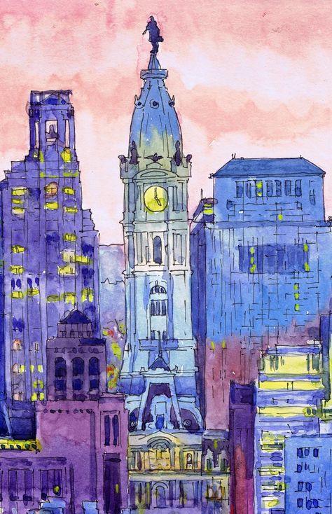 San Francisco Art SF Skyline City Print Watercolor Painting - Etsy Ukraine Pennsylvania Wall Art, Philly Poster, Gcse Architecture, Philadelphia Painting, Skyline Watercolor Painting, Philadelphia Skyline Art, Philadelphia Art Print, Sf Skyline, Nyc Drawing