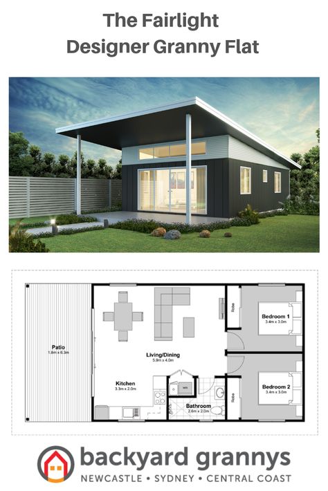 This spacious 2 bedroom granny flat design features a raked ceiling with highlight windows. This designer granny flat has been created for lovers of indoor/outdoor living. This granny flat floor plan is most appealing for a standard sized block.  #grannyflats #grannyflat #designergrannyflat #grannyflatdesign #grannyflatfloorplan #grannyflatinspiration #twobedroomgrannyflat #architecturallydesigned #smallhome #tinyhome #investmentgrannyflat Highlight Windows, Flat Floor Plan, 2 Bedroom Granny Flat, Granny Flat Plans, Mother In Law Cottage, Plan Chalet, Raked Ceiling, Small House Floor Plans, Tiny House Floor Plans