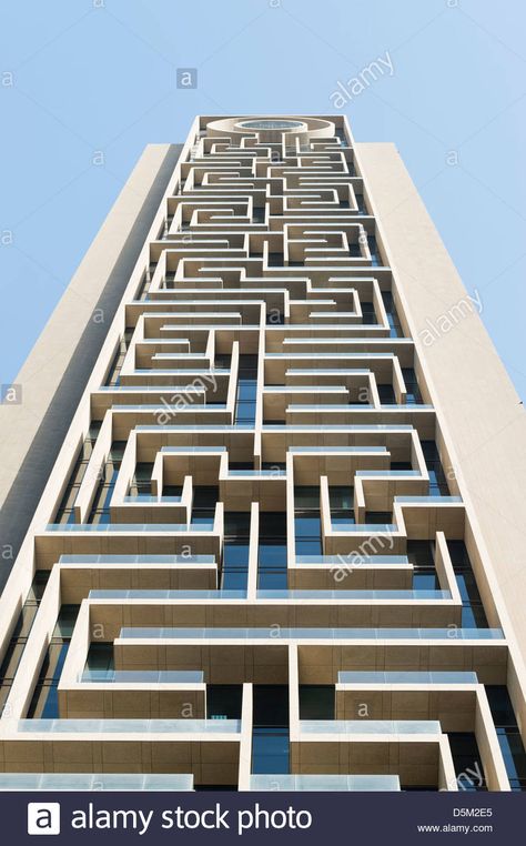 Detail of modern architectural details on new high-rise apartment building in Dubai United Arab Emirates Stock Photo High Rise Apartment, Contemporary Architecture Design, Architecture Facade, Apartments Exterior, Apartment Block, Apartment Exterior, Facade Architecture Design, Residential Building Design, High Rise Apartments