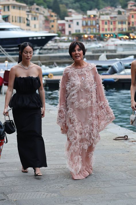 Kardashian Wedding, Portofino Italy, Jenner Outfits, Floor Length Gown, Kris Jenner, Bustier Dress, Silk Midi Dress, Kourtney Kardashian, White Wedding Dresses