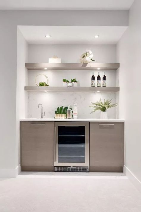 Modern Wet Bar, Modern Kitchen Bar, Bar Nook, Kitchen Wet Bar, Basement Kitchenette, Home Wet Bar, Bar Mini, Home Bar Rooms, Modern Home Bar