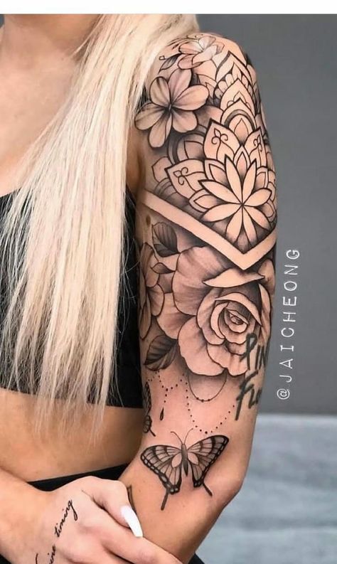 Tattoos Floral Sleeve, Mandela Tattoos Women, Lotus Arm Tattoo Sleeve, Floral Tattoo With Shading, Shading Tattoos Women, Arm Tattoos Flowers For Women, Realism Half Sleeve Tattoo Women, Feather Tattoo Sleeve For Women, Over The Shoulder Tattoo For Women Half Sleeves