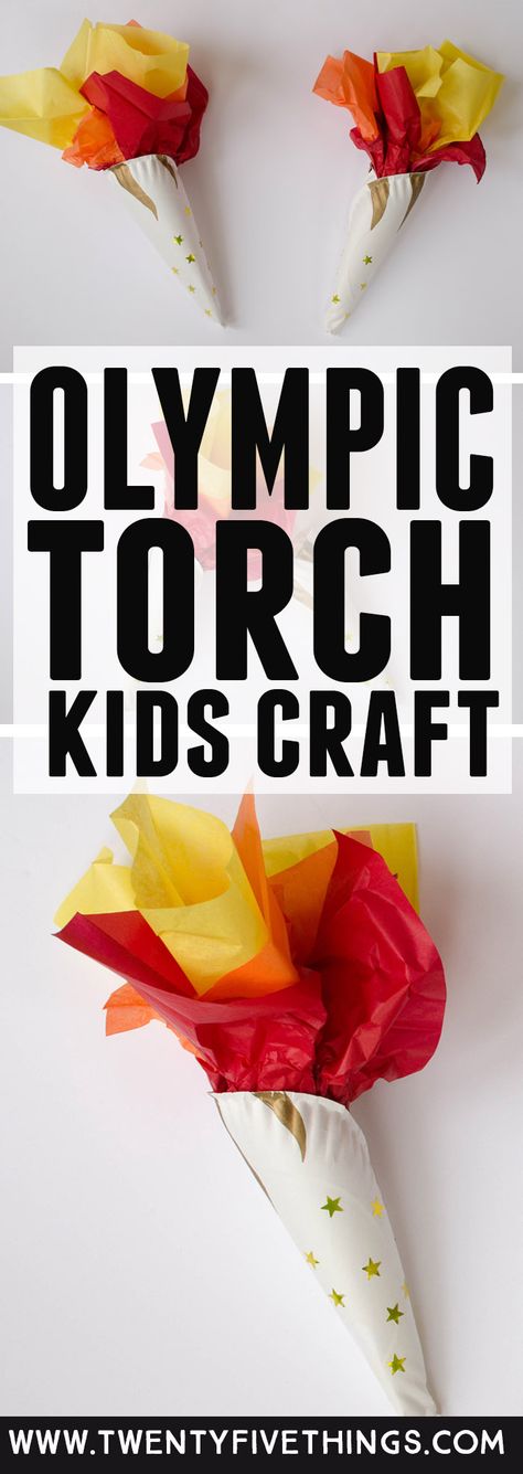 This Olympic torch craft is a fun way to celebrate the Olympics with kids. Slide a batter-powered tea light inside to make the torch glow. #WinterOlympics #OlympicGames #KidsCrafts Torch Craft For Kids, Torch Craft, Olympic Torch Craft, Olympic Games For Kids, Olympic Idea, Olympic Crafts, Olympics Activities, Olympic Theme, Olympic Party