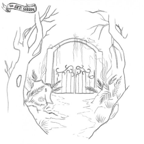 Magic Fantasy Garden Gate Traceable - The Art Sherpa Community | The Art Sherpa Fairy Gate, Fairy Garden Drawing, Shakespeare Midsummer Night's Dream, Painting For Beginners Videos, Forest Sketch, Canvas Painting For Beginners, Landscape Pencil Drawings, Art Sherpa, The Art Sherpa