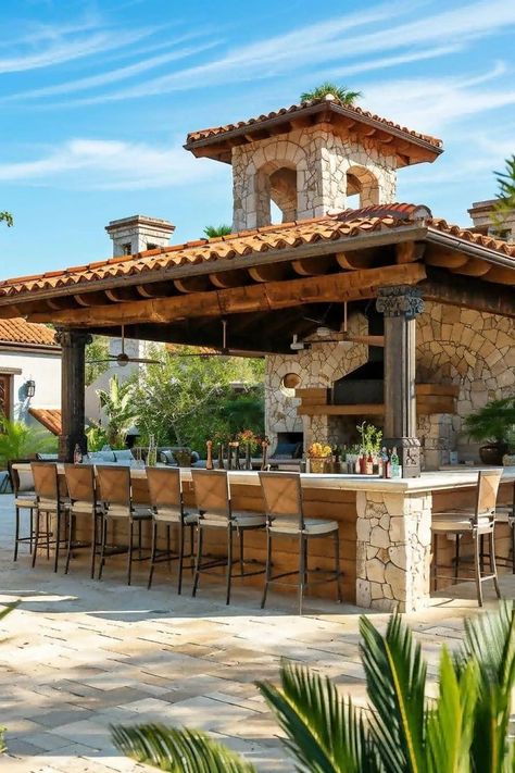 Home Bar Ideas, Outdoor Kitchen Design Ideas, Hacienda Style Homes, Dream Patio, Outdoor Patio Bar, Outdoor Kitchen Plans, Outdoor Kitchen Ideas, Backyard Pavilion, Dream Life House