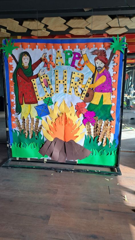 Lohri decor on board Lohri Decoration Ideas For School Board, Lohri Decoration Ideas For School, Lohri Decoration Ideas, Lohri Decor, Flying Decorations, Lohri Decoration, Soft Board Decoration, School Exhibition, Diy Crafts For School