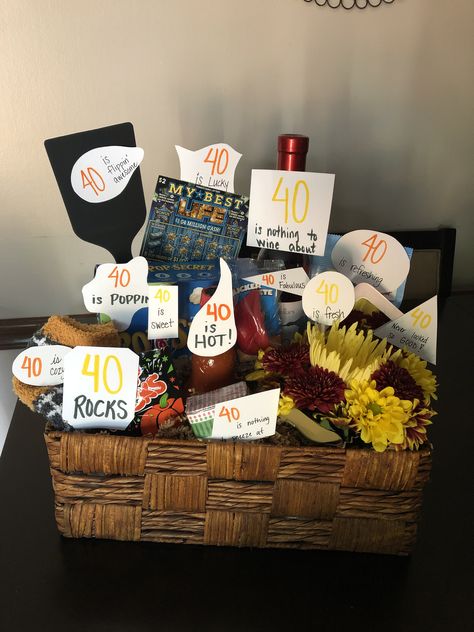 40th Birthday Gift Wrapping Ideas, 50th Birthday Box Gift Ideas, Mom 40th Birthday Gifts, Homemade 40th Birthday Gifts, Gift Basket 40th Birthday, 40 Year Old Gift Basket, 40th Birthday Craft Ideas, 40th Ideas For Men, 60 Birthday Basket