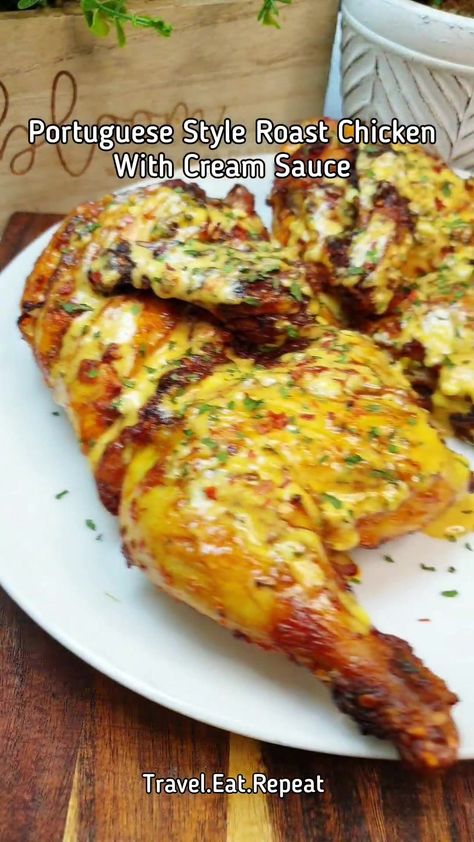 Chicken With Cream Sauce, Portuguese Chicken Recipes, Baked Chicken Quarters, Chicken In Air Fryer, Roasted Chicken Legs, Cream Sauce For Chicken, Portuguese Style, Southern Cooking Recipes, Dried Parsley