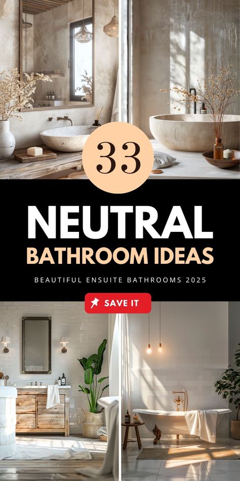 Explore modern neutral bathroom ideas that are perfect for any space, from small bathrooms to timeless white bathrooms. Incorporate neutral decor, organic modern touches, and minimalist vibes. Perfect for a downstairs toilet or guest bathroom. Save now and get more design ideas in the article! Neutral Natural Bathroom Ideas, Natural And White Bathroom, Bathroom Neutral Tiles, Bathroom Clean Aesthetic, Timeless Bathroom Decor, Bathroom Design Board Color Schemes, White And Natural Bathroom, Bathroom Neutral Paint Colors, Timeless Bathroom Design Ideas