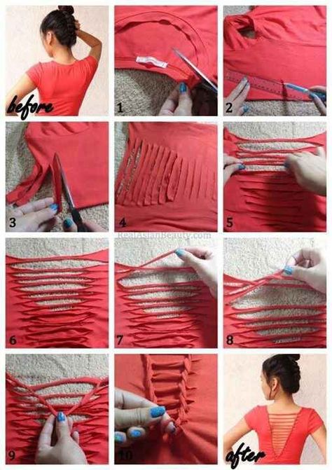 Add some interest to the back of a plain tee with this easy cut and weave tutorial. | 41 Awesomely Easy No-Sew DIY Clothing Hacks T Shirt Redesign, Umgestaltete Shirts, T Shirt Weaving, Sewing Tshirt, Diy Cut Shirts, Hantverk Diy, Cut Up Shirts, Shirt Tutorial, Haine Diy