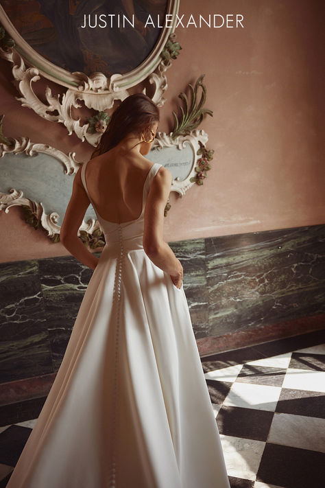 Satin Ball Gown Wedding Dress with Square Neckline and Asymmetric Bodice and Pockets Susanne Neville Wedding Dress, Button Back Wedding Dress, Wedding Dress With Square Neckline, Satin Ball Gown Wedding Dress, Convertible Wedding Dresses, Justin Alexander Bridal, Illusion Wedding Dress, Satin Ball Gown, Chic Wedding Dresses