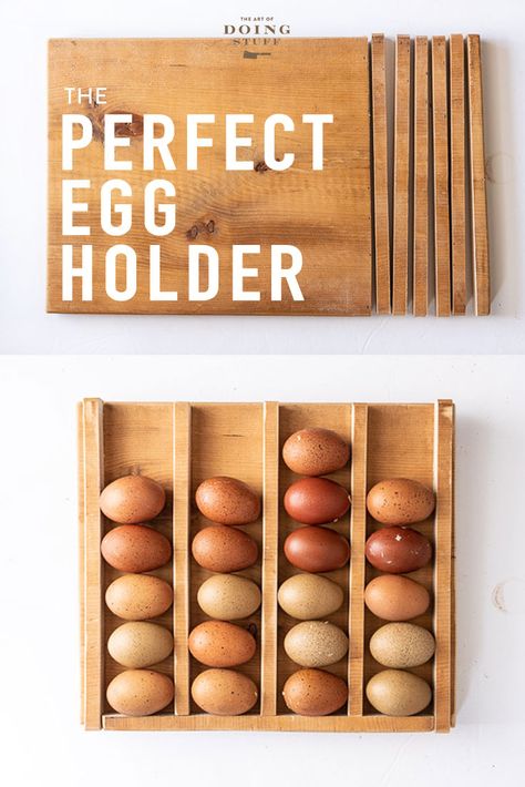 Too big, too small, too ugly, doesn't keep old eggs separated from new eggs. These are ALL the things I didn't like about all of my old egg holders. So I made one that ticks all the boxes.  And the best part is it's easy.  You need is a board, some glue and a saw. #eggholder #eggs #backyardchickens #eggbasket via @artofdoingstuff Egg Storage Diy, Eggs Storage Ideas, Egg Storage Ideas Diy, Wall Mount Egg Storage, Wall Egg Holder, Egg Organizer Diy, Egg Skelter Diy, Fresh Egg Holder Wall, Wall Mounted Egg Holder