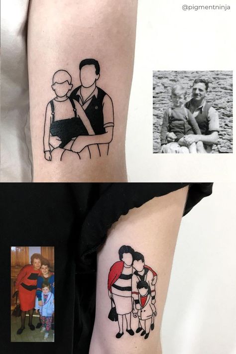 Tattoo Of Photograph, Tattoo From Picture, Portrait Line Tattoo, Photo Line Tattoo, Line Photo Tattoo, Minimalist Portrait Tattoo, Simple Portrait Tattoo, Outline Of Picture Tattoo, Tattoo From Photo