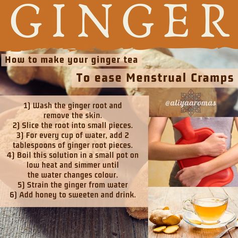 Ginger can reduce PMS & menstrual pain. It’s as effective as painkillers used for menstrual cramps (such as mefenamic acid). Use as a powdered form at 750-2,000 mg/day during the first 3 days of menstruation or drinking ginger tea 2-3 times a day can ease menstrual pains & cramps Mefenamic Acid, Menstrual Pain, Period Pain, Menstrual Cramps, Ginger Tea, Painkiller, Ginger Root, Beauty Tips, Ginger