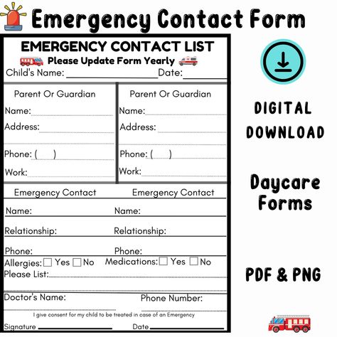 Daycare Paperwork Organization, Daycare Emergency Contact Form, In Home Daycare Set Up, Small Home Daycare Setup, Parent Contact Form, Daycare Paperwork, Preschool Forms, Childcare Facility, Babysitting Kit