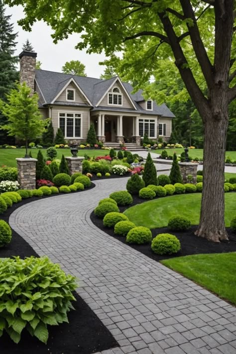 Side Driveway Ideas, U Shape Driveway Landscaping, Trees Front Yard Landscaping, Long Driveway Landscaping, Side Of Driveway Landscaping, Colonial Landscaping, Estate Landscaping, Front Lawn Landscape Ideas, Driveway Entry Landscaping