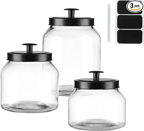 Clear Glass Kitchen Canister Set, Cookie Jar, Food Storage Container, Bathroom Jar with Metal Airtight Lid (Black) Black Kitchen Organization, Storing Cereal, How To Decorate Kitchen Countertops, Coffee Spices, Jar Food Storage, Container Bathroom, Glass Kitchen Canisters, Bathroom Jars, Jar Food