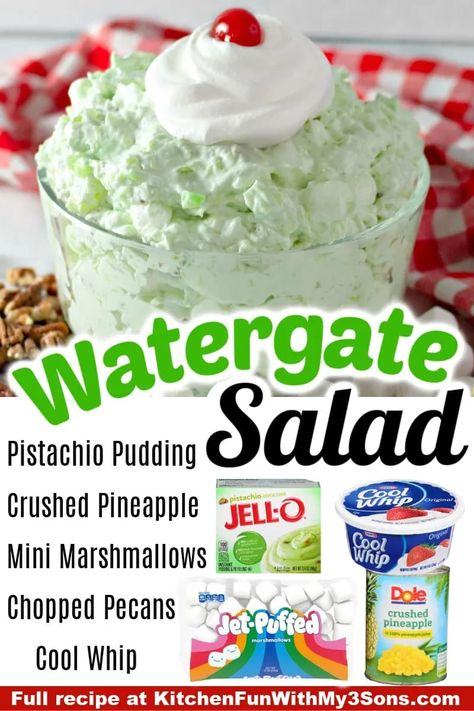 If you love a sweet salad filled with pineapple, marshmallows, pecans, Cool Whip, and pistachio pudding, then this Easy Watergate Salad is just perfect! A deliciously cool and creamy addition to any dinner plate, this salad is impressive yet very quick and easy with only 5 ingredients. #recipes #dessert Pistachio Pudding Salad, Sweet Salad, Fluff Salad Recipes, Easy Fruit Salad Recipes, Watergate Salad, Pistachio Dessert, Pistachio Salad, Jello Dessert Recipes, Fruit Salad Easy