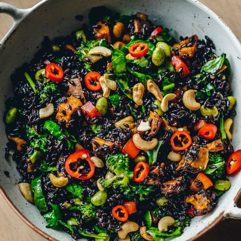 Asian Black Rice Recipe, Black Rice Meals, Forbidden Rice Salad, Black Fried Rice, Black Rice Recipe Dinners, Black Rice Recipes, Forbidden Rice Recipes, Grain Sides, Black Rice Recipe