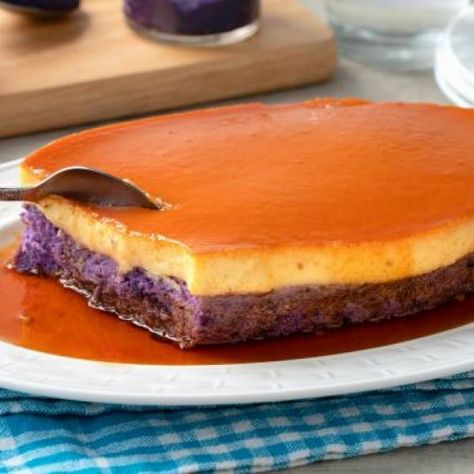 Ube Leche Flan Recipe Ube Flan Cake Recipe, Ube Flan, Leche Flan Recipe, Flan Recipes, Graham Cake, Bibingka Recipe, Ube Cake, Filipino Dessert Recipes, Ube Recipes