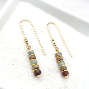 Gold Beaded Earrings, Silver Threader Earrings, Threader Earrings Gold, Gold Bead Earrings, Aqua Terra, Beads Earrings, Sterling Silver Dangle Earrings, Jasper Beads, Threader Earrings