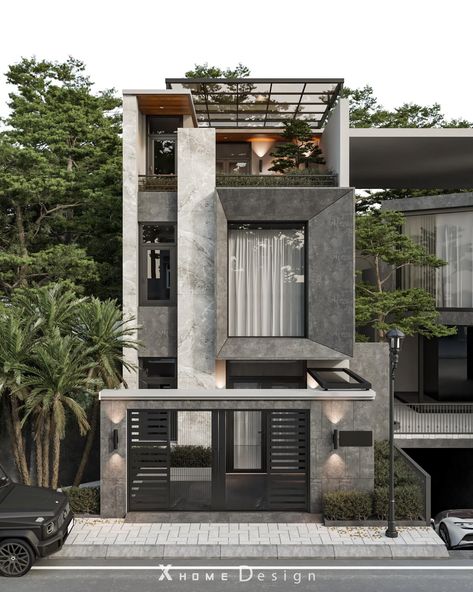 T-House on Behance Compact House Elevation, Narrow House Facade Design, Modern Industrial House Facade, House With Garden In The Middle, Exterior Elevation Design Modern, Duplex Elevation, Villa Render, House Entrance Design, Modern Minimal House