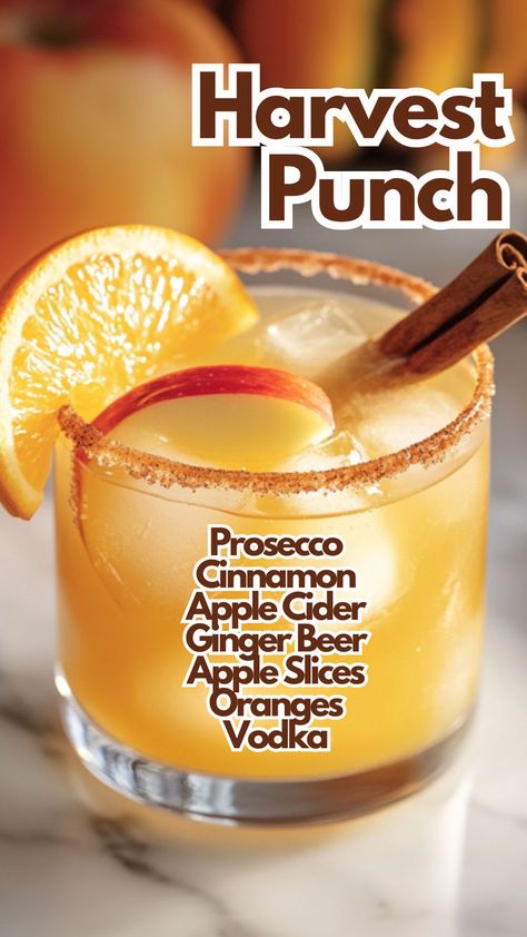 Harvest Punch Apple Cider Prosecco, Fall Mixed Drinks, Fall Party Drinks, Harvest Punch, Fall Drinks Alcohol, Fall Punch Recipes, Prosecco Drinks, Ginger Beer Cocktail, Bartender Drinks Recipes