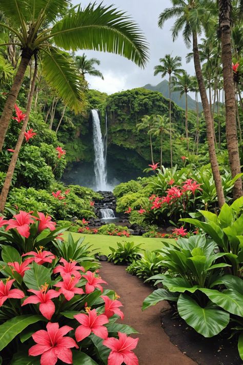 🌺 Explore Hawaiian Botanical Gardens: A Tropical Paradise 🌿 Hawaii Nature Aesthetic, Hawaii Botanical Garden, Waterfall Tropical, Island Forest, Tropical Waterfall, Beautiful Views Nature, Hawaii Landscape, Tropical Places, Tropical Scenery