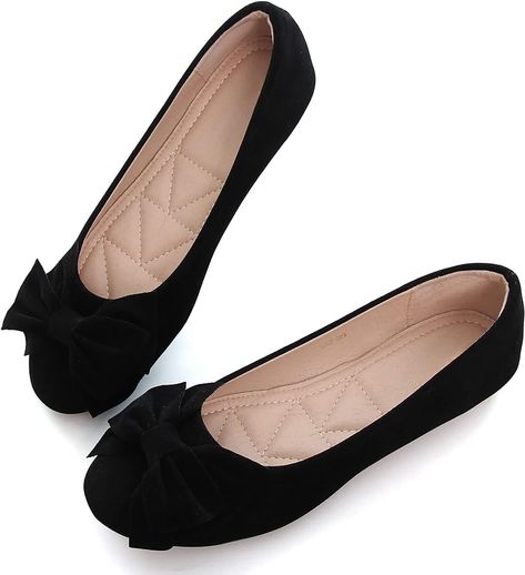 Amazon.com | VFDB Women Classy Cute Bow-Knot Ballet Flats Round Toe Daily Cozy Comfort Slip on Flat Shoes Black US 9 | Flats Working Shoes, Flat Shoes Black, Comfortable Work Shoes, Work Shoes Women, Girls Dress Shoes, Black Flats Shoes, Suede Ballet Flats, Cute Flats, Bow Flats