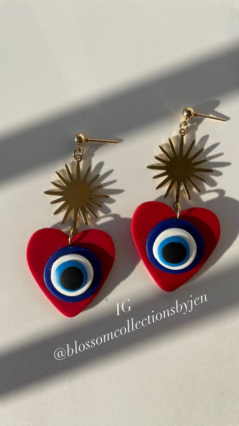 Evil Eye Polymer Clay Earrings, Evil Eye Clay Earrings, Laser Cut Wood Jewelry, Embroidery Hearts, Polymer Clay Diy, Polymer Clay Jewelry Diy, Hand Painted Jewelry, Handmade Jewelry Tutorials, Cute Polymer Clay