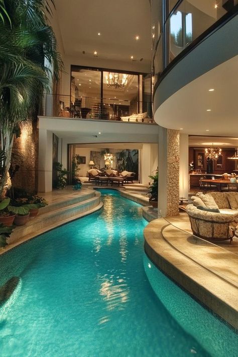 Luxury mansion with large pool spanning outdoor and indoor. Get ready to be wowed with some slick and stylish modern home pools that turn a backyard from blah to spa. Expensive Pools Luxury, Rich Pool Aesthetic, Big Modern Mansion, Swimming Pool Inside House, Pool Inside House, Dream Pools Luxury Indoor, Indoor Pool Aesthetic, Home Indoor Pool, Dream Home Pool