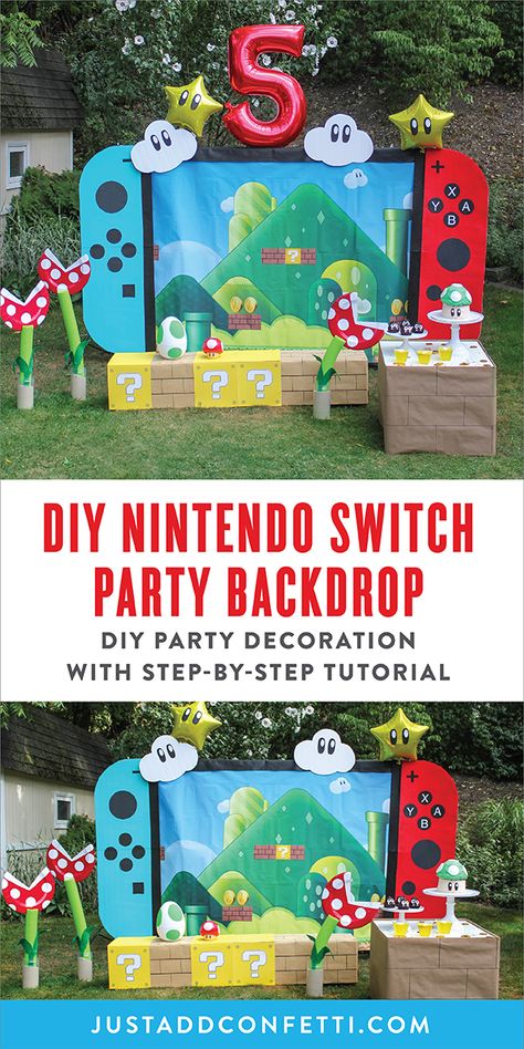 Nintendo Switch Photo Booth, Nintendo Switch Backdrop, Nintendo Switch Trunk Or Treat, Pretzel Skeletons, Nintendo Switch Party, Blair Birthday, Yoshi Eggs, Switch Party, Nintendo Birthday Party