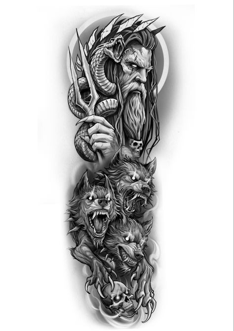 Hades And Cerberus, Hades Tattoo, Greek God Tattoo, Norse Mythology Tattoo, Scandinavian Tattoo, Poseidon Tattoo, Zeus Tattoo, Egyptian Tattoo Sleeve, Monster Tattoo