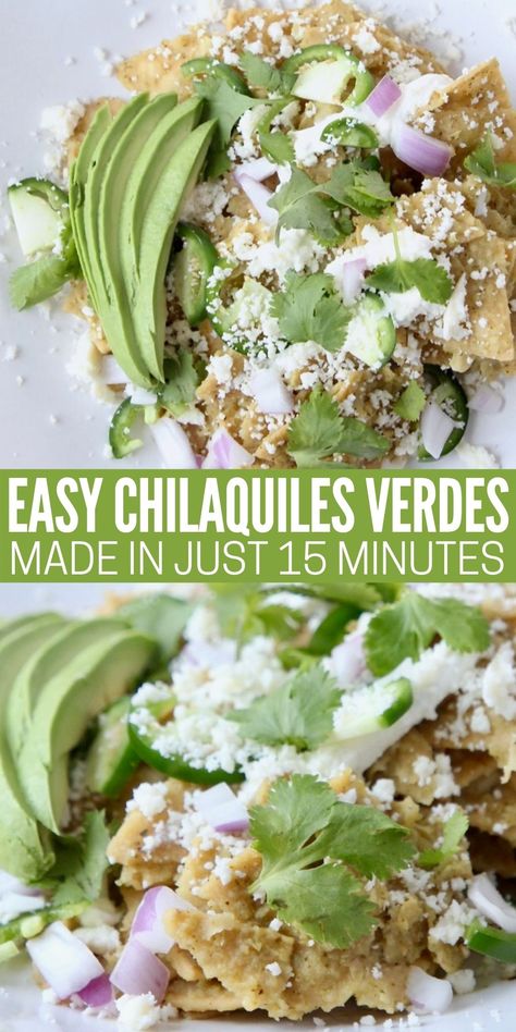 Chilaquiles Verdes is a traditional Mexican dish, made with crispy fried corn tortillas and salsa verde. In this easy homemade recipe, we're using thick crispy tortilla chips and green enchilada sauce to make chilaquiles in just 15 minutes! It's delicious for breakfast with an egg on top, or for dinner with shredded chicken or pork! Chilequilles Verdes Recipe, Chiliquilles Recipe Easy, Green Chilaquiles Recipe, Chilaquiles Verdes Recipe, Easy Chilaquiles Recipe, Easy Chilaquiles, Texmex Recipes, Boat Recipes, Breakfast Chilaquiles