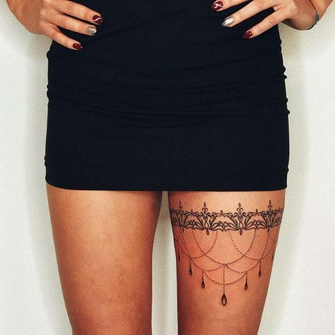 Thigh Garter Tattoo, Thigh Band Tattoo, Summer Tattoos, Leg Band Tattoos, Garter Tattoo, Girl Thigh Tattoos, Cuff Tattoo, Chain Tattoo, Hip Thigh Tattoos