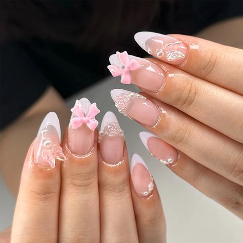 24pcs French almond nail 3d butterfly flower simple press nails, fake nails, suitable for women and Fake Nails Designs, Cute Simple Nails, Summery Nails, Girly Acrylic Nails, Casual Nails, Pretty Gel Nails, Really Cute Nails, Soft Nails, Kawaii Nails