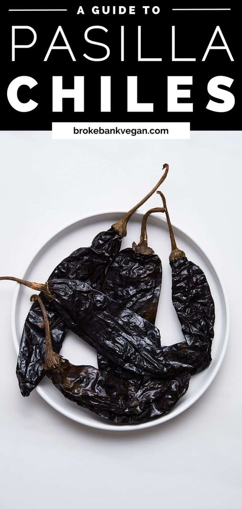 The chile pasilla (or pasilla pepper) is an extremely popular and widely utilized chile in Mexican cuisine. Find out everything you need to know in this detailed guide, including how to prepare them for some delicious plant-based recipes. #chilepasilla #driedchile Pasilla Chile Recipes, Pasilla Pepper Recipes, Ancho Chile Recipes, Pasilla Peppers, Quesabirria Tacos, Chile Pasilla, Mole Poblano, Chile Recipes, Mexican Soup