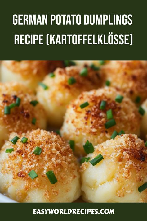 German potato dumplings, known as Kartoffelklöße, are a comforting side dish often found in traditional German meals. These dumplings are made from fluffy mashed potatoes and served with a buttery breadcrumb topping, adding a crisp finish to the tender interior. German Potato Balls, German Deserts Originals, German Mashed Potatoes, German Potato Dumplings Recipes, Traditional German Food Recipes, Potatoe Dumpling, German Dishes Traditional, Potato Dumplings German, German Recipes Authentic