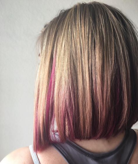 Blonde bob hairstyle with pink peekaboo highlights. Long Blonde Bob, Pink Peekaboo Highlights, Pink Peekaboo Hair, Pink Peekaboo, Long Bob Blonde, Peekaboo Hair Colors, Peekaboo Highlights, Peekaboo Hair, Blonde Bob Hairstyles