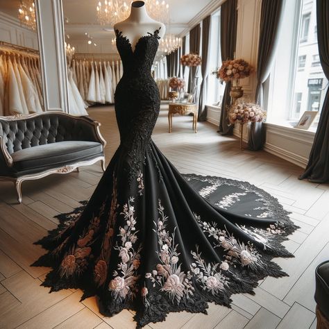 Floral Grandeur: A black mermaid wedding dress with floral embroidery and a dramatic train, displayed on a mannequin in a boutique with elegant decor.