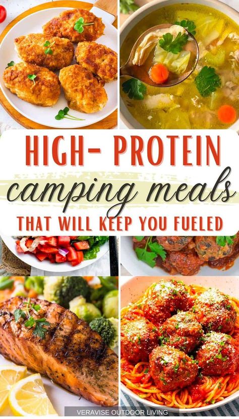 14 High Protein Camping Meals That Will Keep You Fueled • Burger Bowls • Easy Ground Beef Tacos • Shrimp Salad (Easy 10-Minute Recipe) • Instant Pot Salmon • Pizza Joes • Air Fryer Chicken Legs Easy Chicken Camping Meals, Macro Friendly Camping Food, Macro Camping Meals, Macro Friendly Camping Meals, High Protein Camping Breakfast, High Protein Camping Snacks, Campstove Dinners, Stove Top Camping Meals, Low Calorie Camping Meals