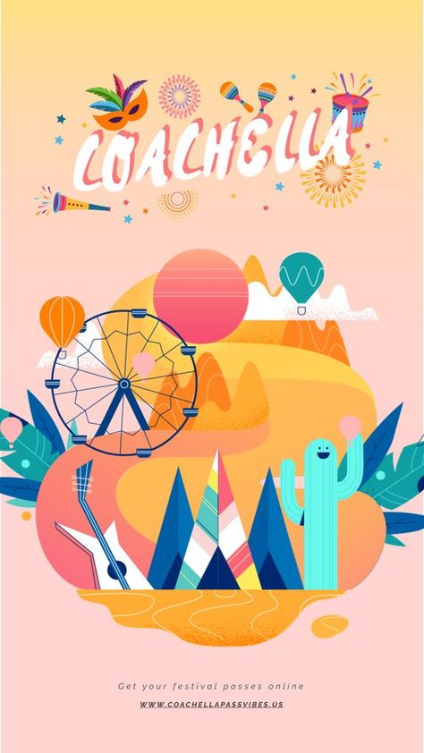 Croquis, Coachella Graphic Design, Coachella Invitation Template, Coachella Poster Design, Coachella Invitation, Coachella Design, Coachella Graphic, Festival Poster Illustration, Coachella Art