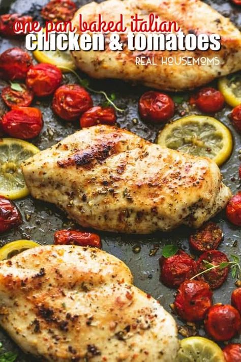 Easy One Pan Baked Italian Chicken & Tomatoes is the perfect simple and healthy sheet pan dinner for busy nights, with great flavors and cleanup is a cinch! Dinner For Busy Nights, Baked Italian Chicken, Chicken And Tomatoes, Pan Chicken Breast, Chicken Recipes With Tomatoes, Healthy Sheet Pan, Chicken Tomatoes, Italian Chicken Recipes, Oven Baked Chicken Breasts