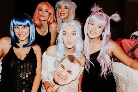 Wig Themed Bachelorette Party, Wig Party Bachelorette, Bachelorette Wig Night, Different Color Wigs, Bachelorette Wigs, Wig Bachelorette Party Ideas, Wig Bachelorette Party, Wig Bachelorette, Bachelorette Party Wigs