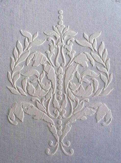 "I absolutely LOVE plaster stencils, but love them even more when the design is based on Acanthus leaves. This plaster stencil gives your so many options. Use it on walls as a random wallpaper design or on furniture pieces to add so much interest and flair. Single Stencil 11\"x 10\"\" Raised designs are EASY with our beautiful plaster stencils!  Use common joint compound (also called Wall Mud). It comes pre-mixed for you in a bucket and is available in the paint section of most home and hardware Plaster Stencil, Damask Wall Stencils, Raw Furniture, Furniture Stencil, Damask Wall, Random Wallpaper, Baroque Decor, Diy Plaster, Wood Putty