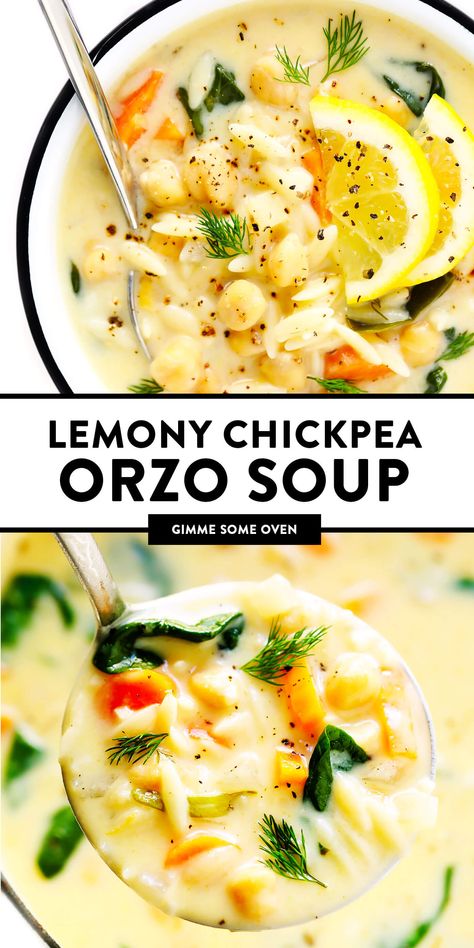 LOVE this Lemony Orzo Chickpea Soup recipe! It's a vegetarian spin on Greek avgolemono soup, brightened up with lots of lemon juice and fresh herbs, and made extra creamy by folding a few eggs into the broth (instead of cream). It's the perfect light vegetarian soup recipe! | gimmesomeoven.com #soup #healthy #vegetarian #greek #lemon #orzo #dinner #mealprep Orzo Chickpea Soup, Orzo Chickpea, Greek Avgolemono Soup, Orzo Dinner, Chickpea Orzo, Lemony Orzo, Lemon Orzo Soup, Peas Recipes, Chic Peas