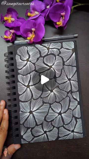 Doodling On Black Paper, Doodle Art On Black Paper, Black Paper Sketchbook, Black Paper Art, Zen Ideas, Line Flowers, Zen Doodles, Paper Video, Zentangle Flowers