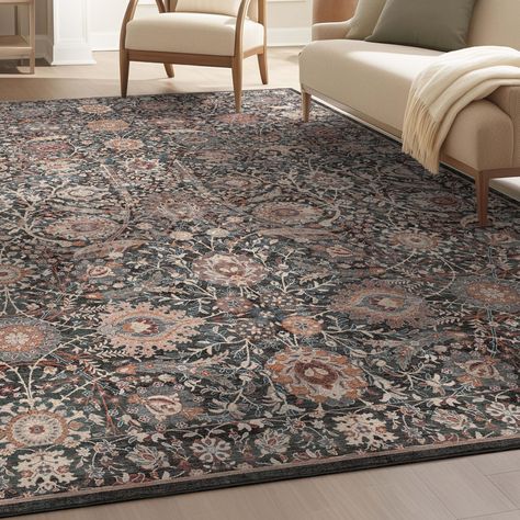 PRICES MAY VARY. Elegant Design for Modern Homes: The Asha Collection showcases a beautiful array of floral and medallion prints, each intricately designed to add sophistication and charm to your living room, dining room, or bedroom. Perfect for Everyday Living: 9x13 (9'10" x 13') rug crafted to withstand the hustle and bustle of daily life, these rugs are an ideal choice for high-traffic areas. The kilim-inspired low pile design ensures durability while maintaining a high-quality texture and ap Charcoal Gray Area Rugs, Gothic Rugs For Living Room, Floral Rugs Bedroom, Moody Living Room Area Rugs, Dark Area Rugs, White Couch Dark Rug, Vintage Bedroom Rug, Dark Bedroom Rug, Modern Spanish Decor Living Room