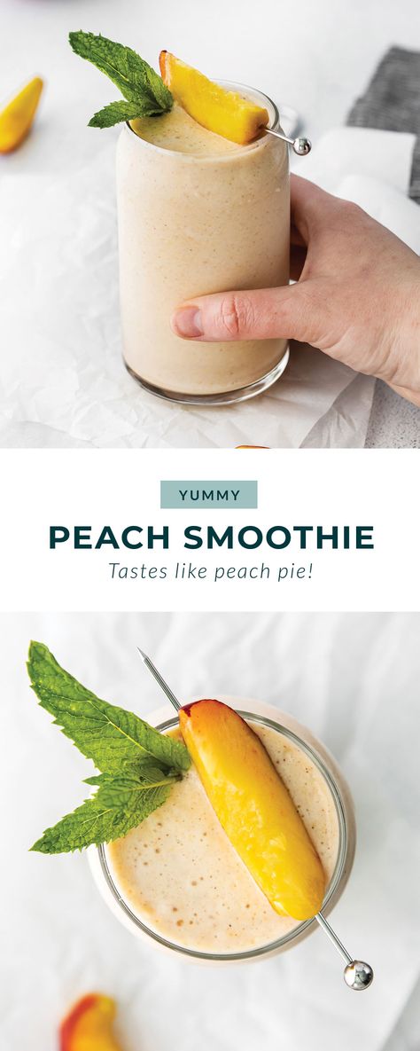 This peach smoothie tastes just like dessert, but it's healthy and made with just 5 ingredients. Make this smoothie all summer long with frozen peaches, banana, cinnamon, almond milk, and vanilla. Peach Green Smoothie, Peach Shake Recipe, Peach Cobbler Smoothie, Peach Protein Smoothie, Peach Breakfast Recipes Healthy, Peach Smoothie Recipes Healthy, Healthy Peach Smoothie, Smoothie Peach, Nectarine Smoothie